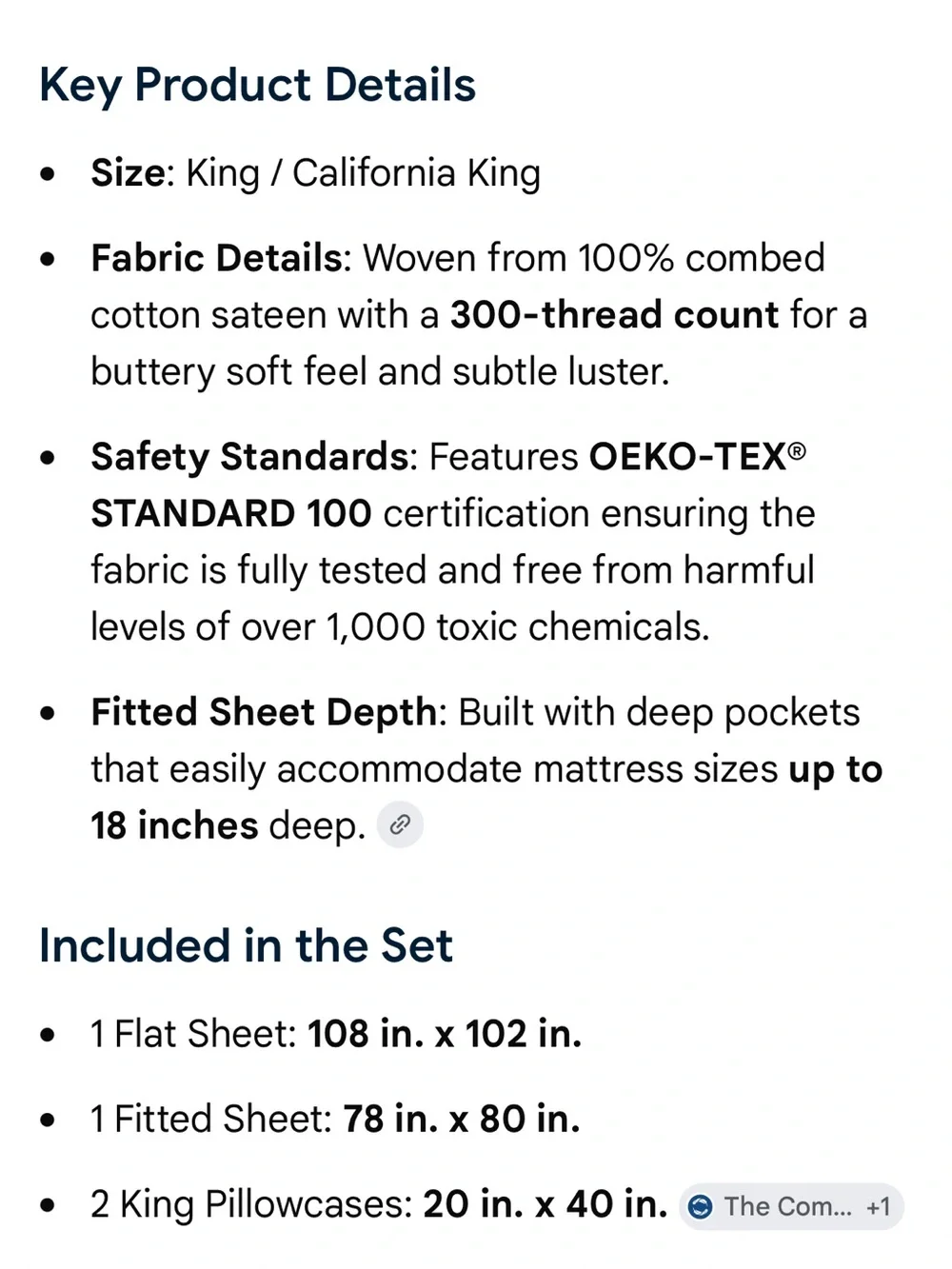 The Company Store White Luxury Sateen Sheet Set - Cotton - King - New